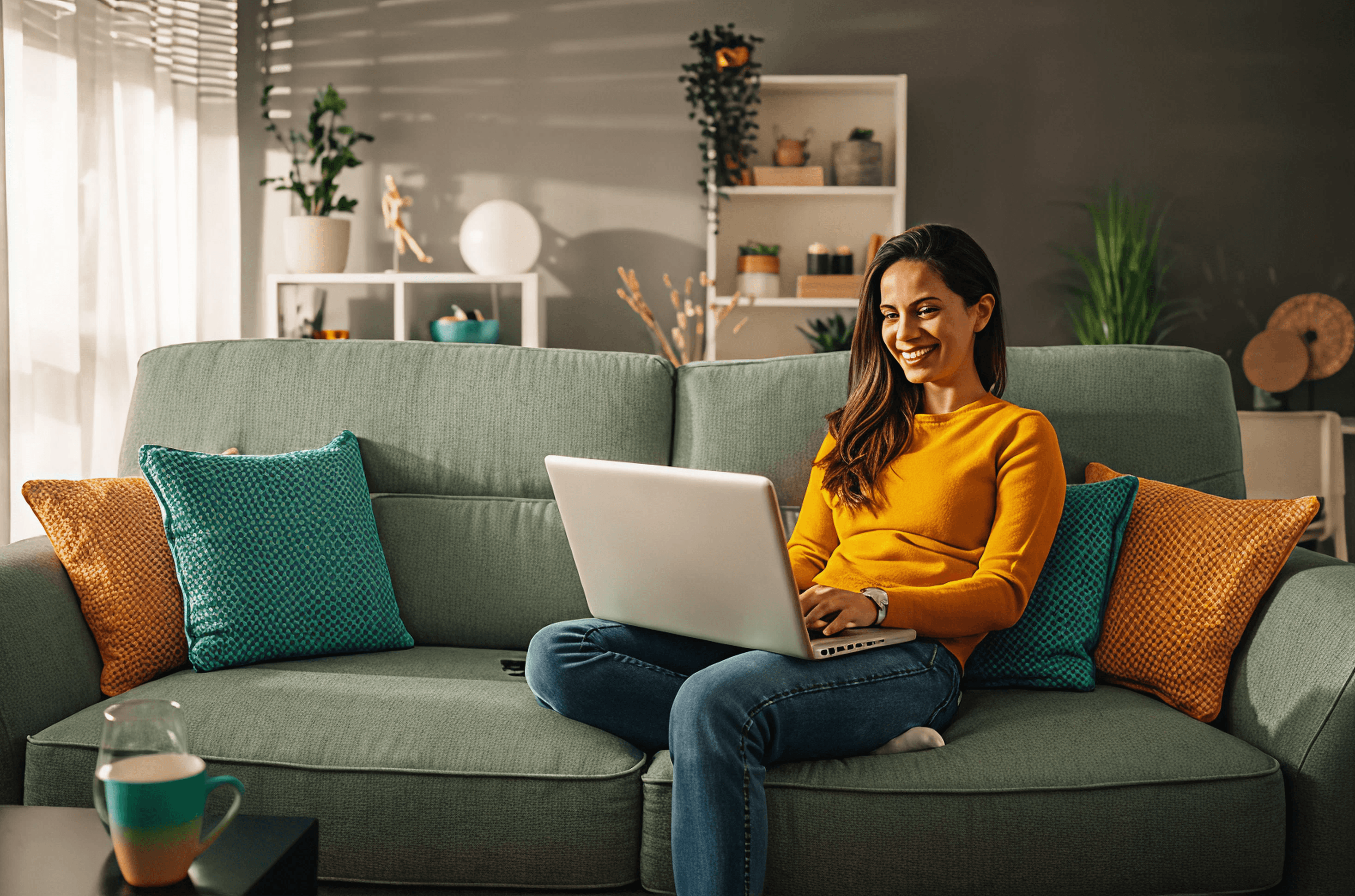 Tenant using a laptop while sitting in a modern living room